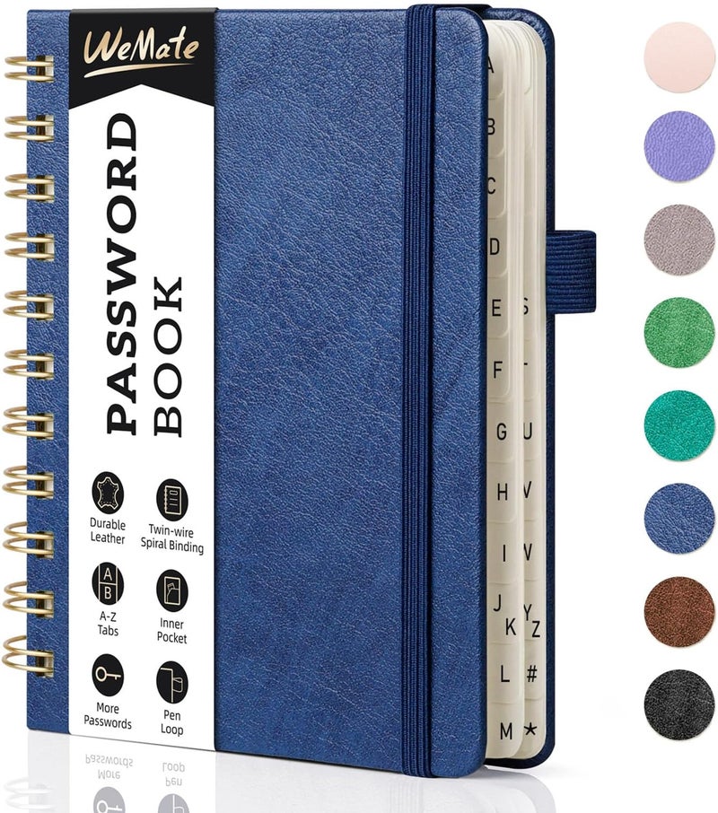 WEMATE Password Book with Alphabetical Tabs, Spiral Password Keeper Book for Seniors, Internet Password Notebook Password Journal Logbook Log in Detail, Small – 4.7''x 6'' (Navy Blue) - Image 1